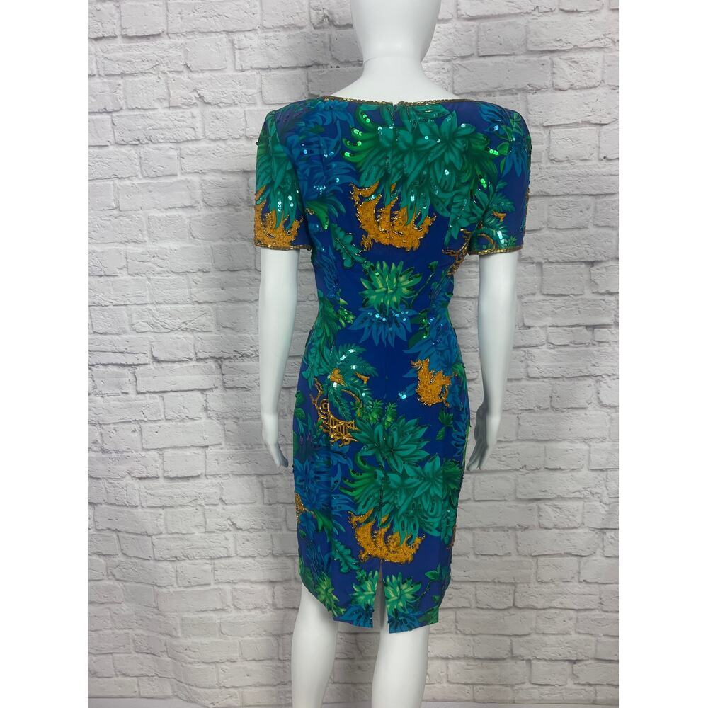 Vintage 1980s 100% Silk A.J. Bari Pattern Beaded and Sequins Dress - Picture 6 of 12